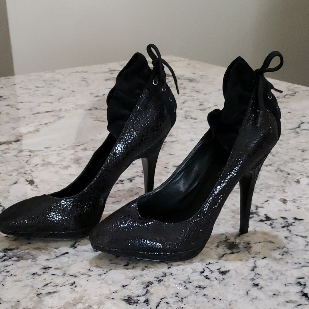 BCBG leather faux snake Holiday heels